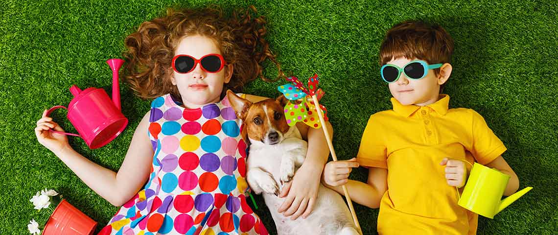 kids and dogs on grass